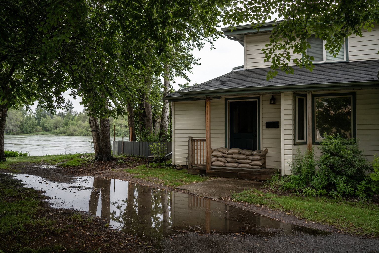 Sandbags protecting a rural Alberta property near Edmonton during heavy rain