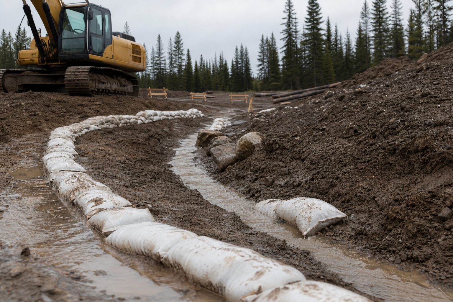 Hessian sandbags controlling runoff at an Edmonton construction jobsite