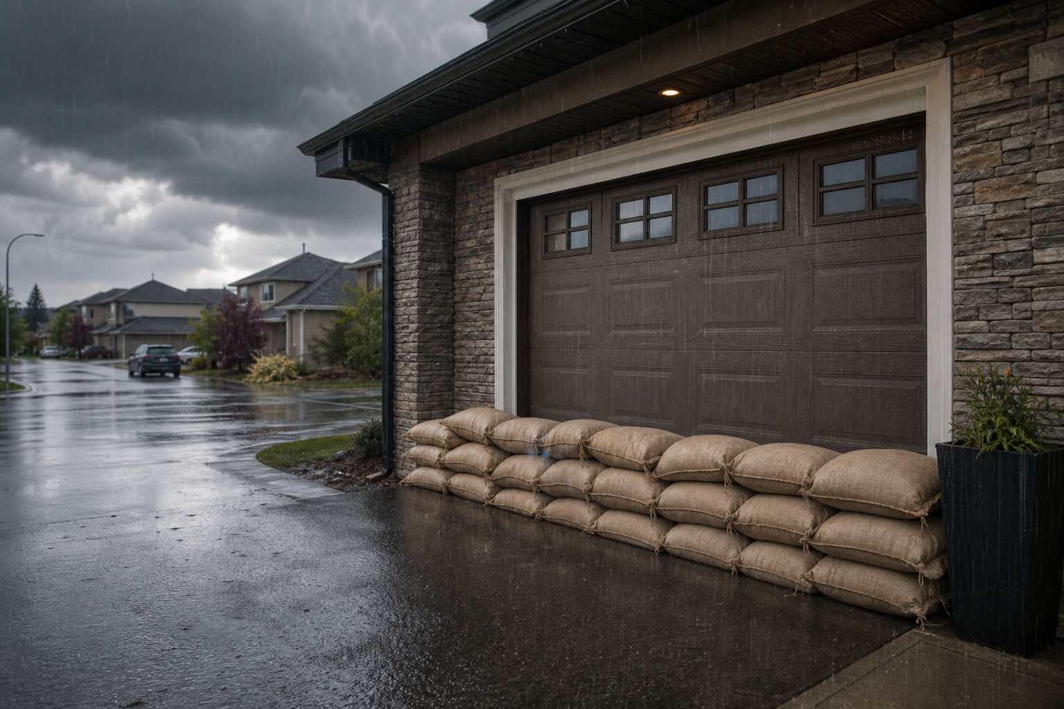 Sandbag barrier guiding rain runoff away from an Edmonton basement entry