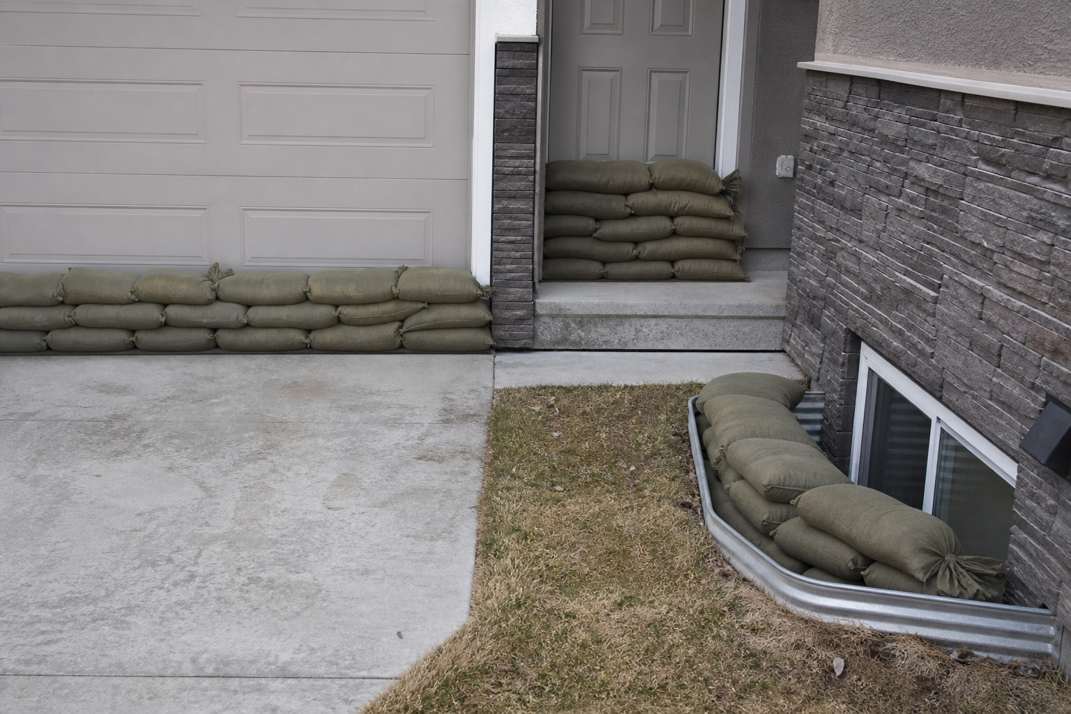 Measured sandbag rows protecting a garage door and basement window well
