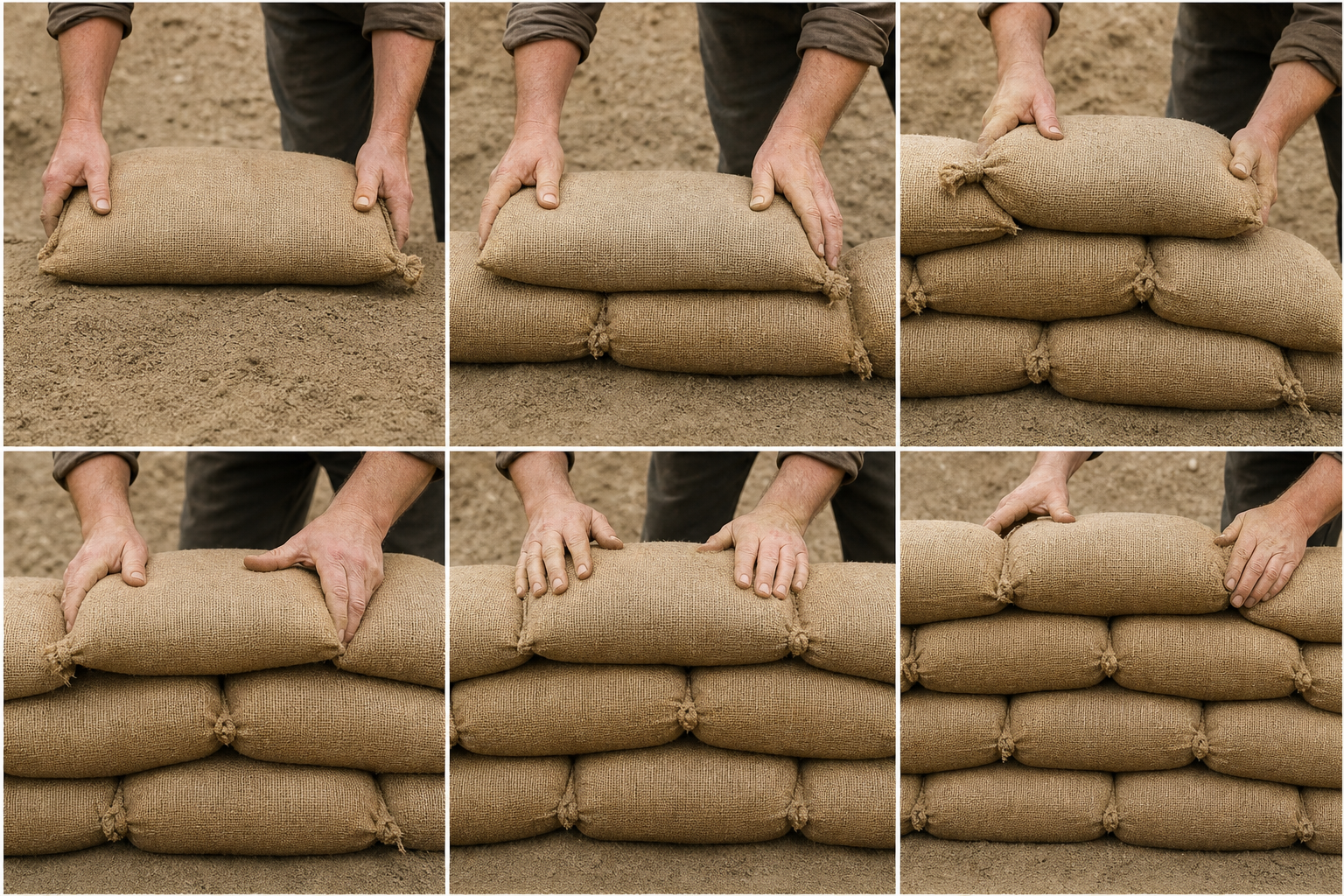 Overlapping hessian sandbags stacked in a pyramid barrier