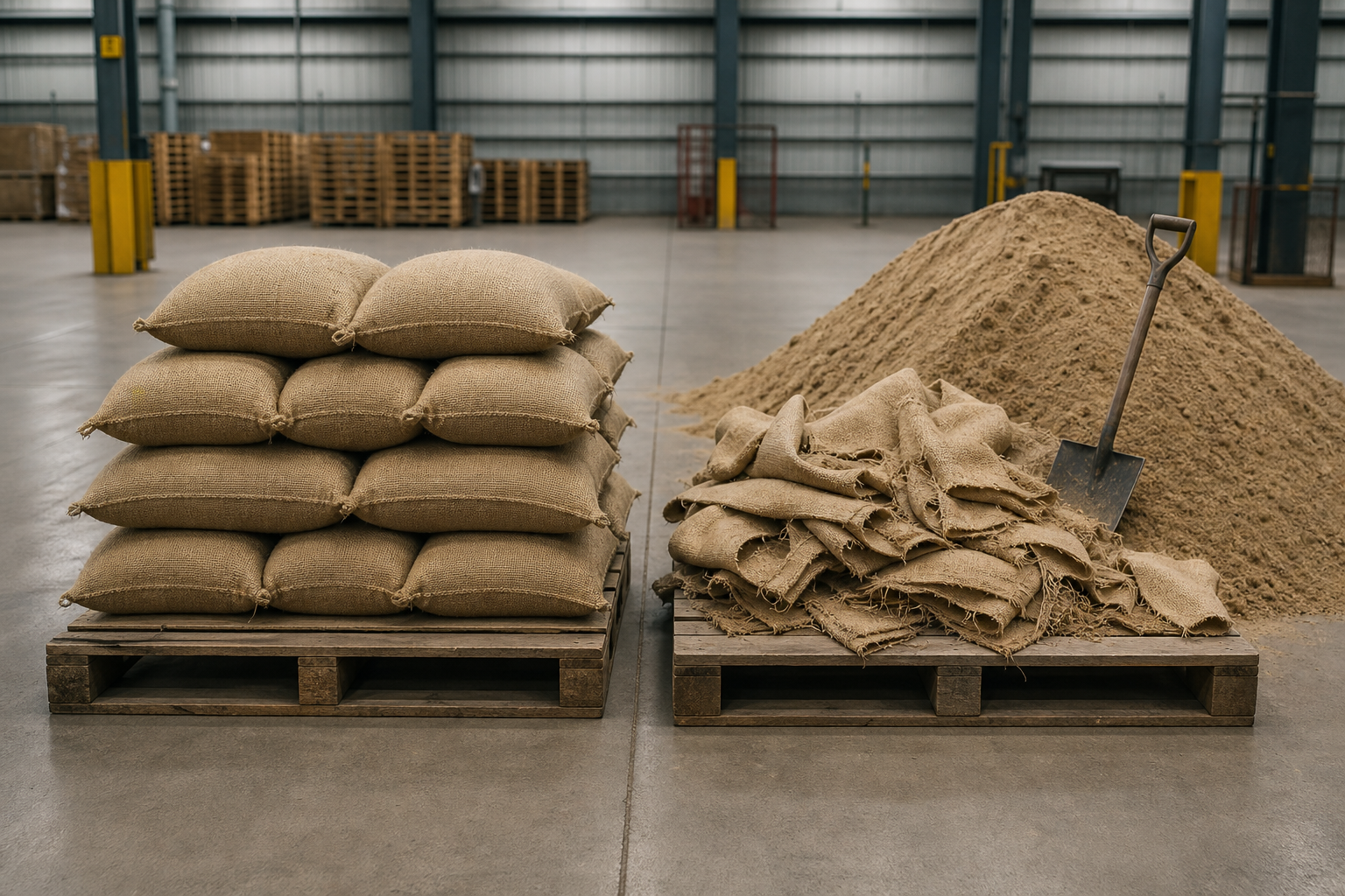 Pre-filled hessian sandbags compared with a do-it-yourself filling setup