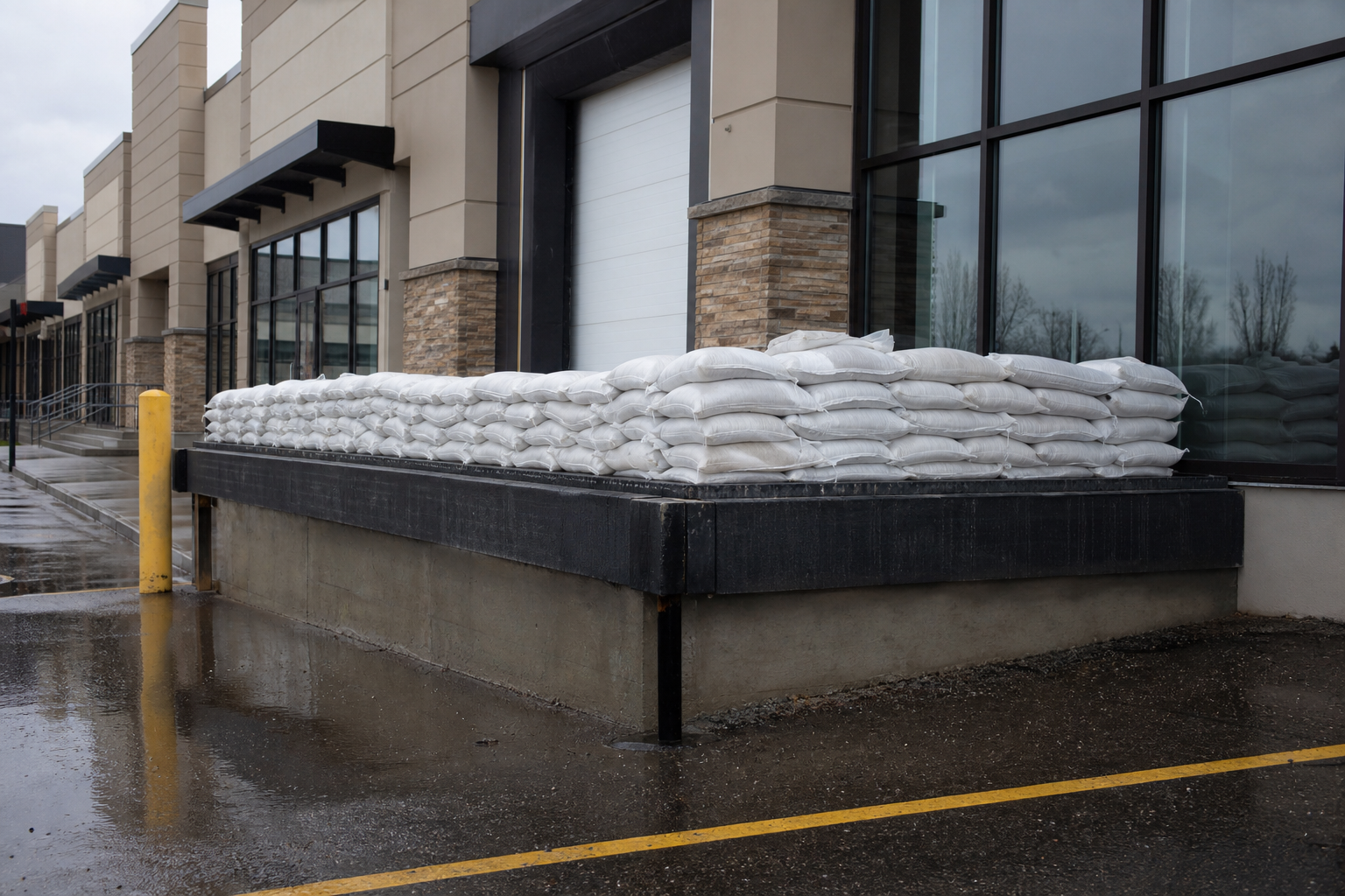 Renter staging pre-filled sandbags near a basement suite entrance in Edmonton