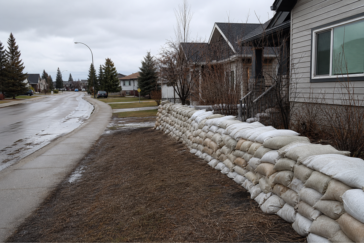 Pre-filled hessian sandbags ready for a Morinville property