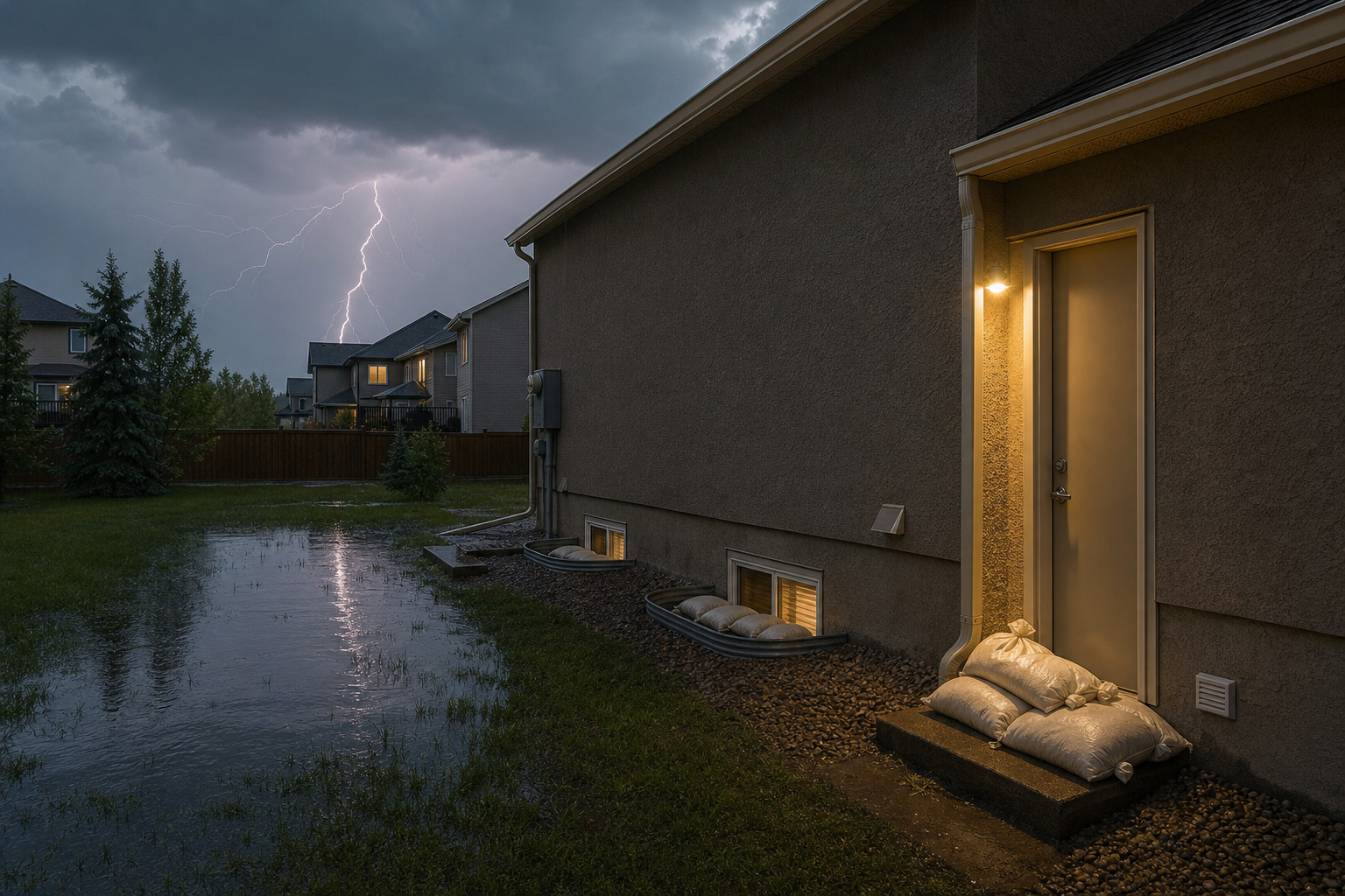 Sump pump discharge outside an Edmonton home with sandbags at a low entry