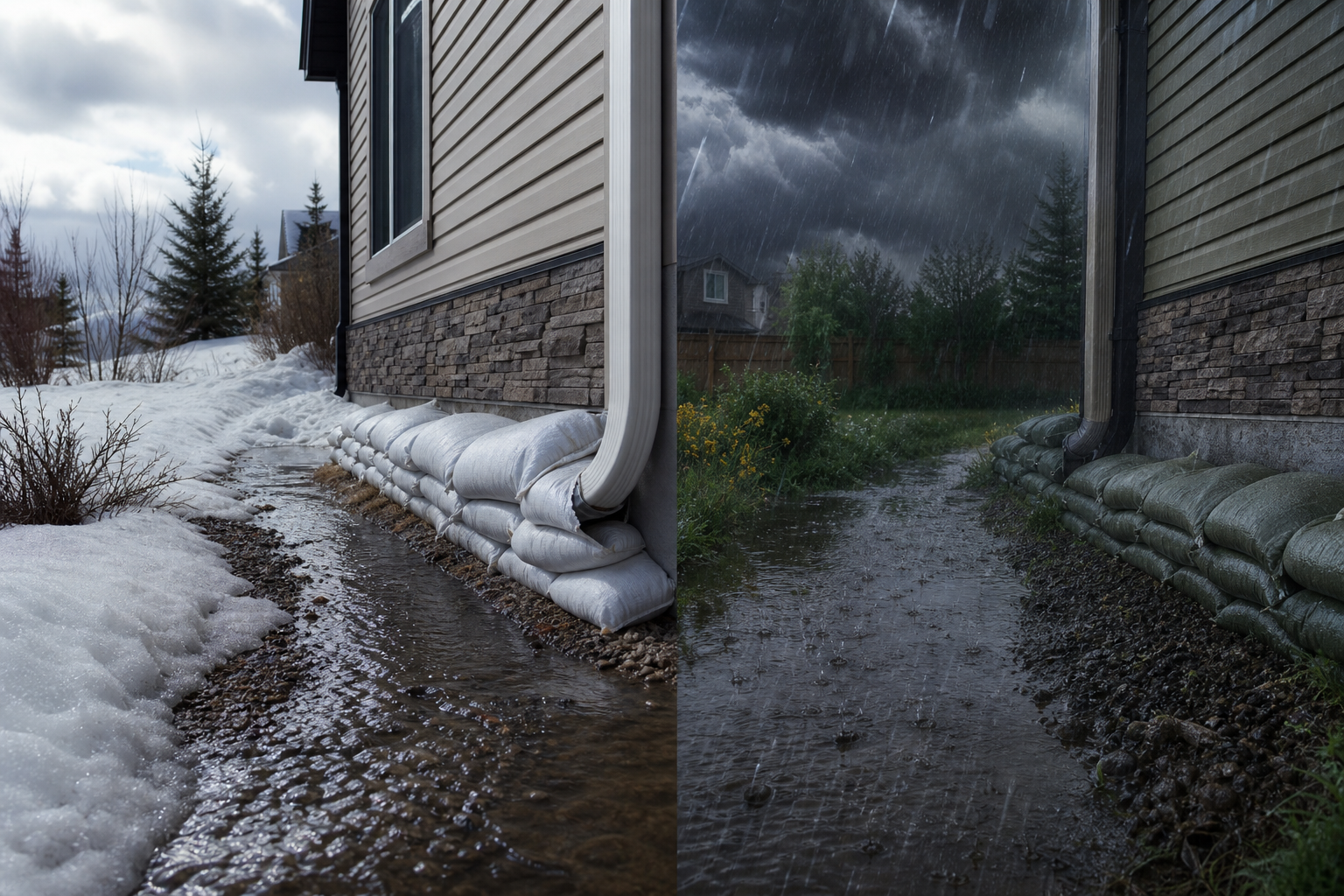 Homeowner inspecting sandbags after a storm for safe removal and storage